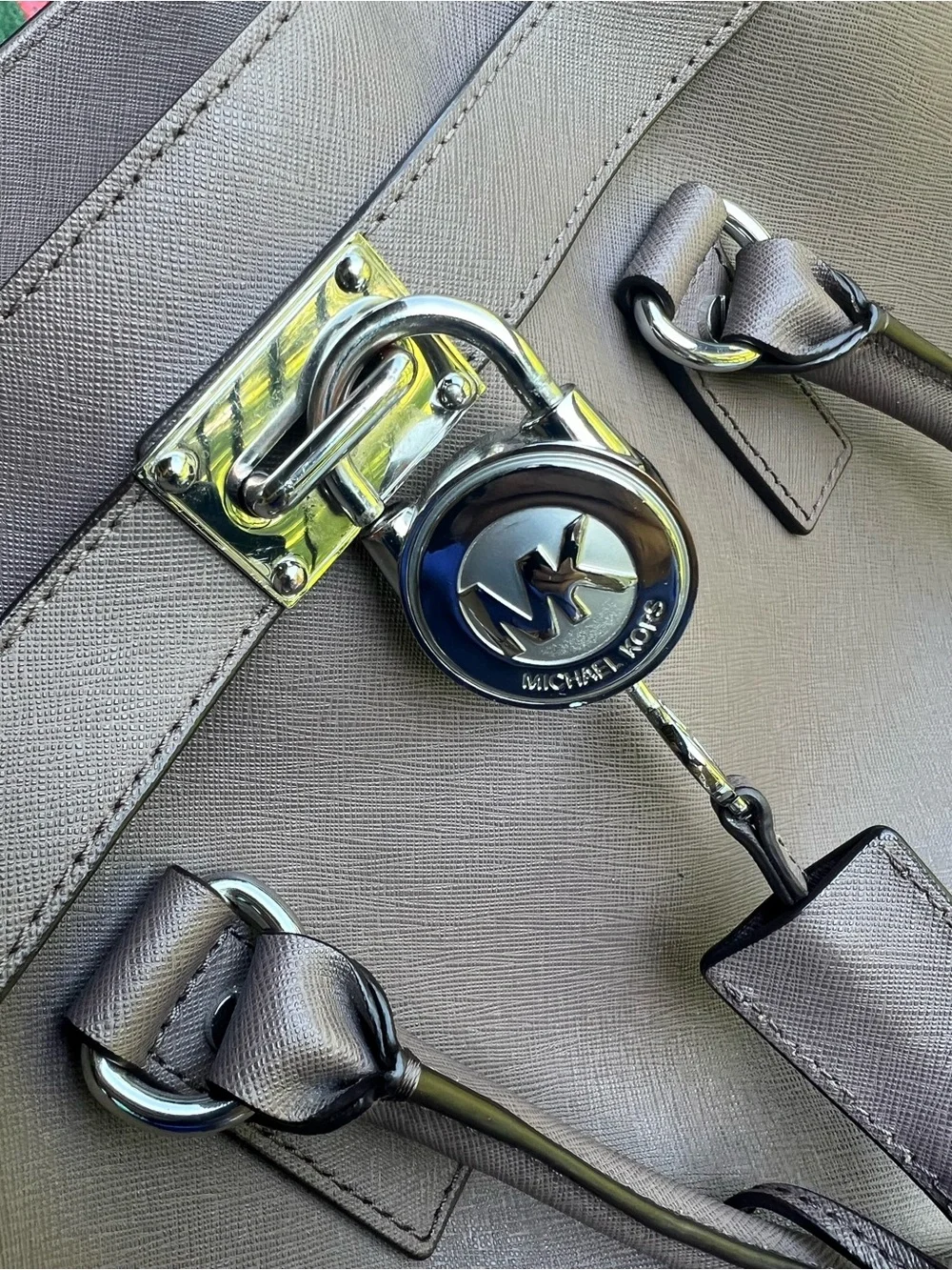 Michael Kors Taupe Saffiano Satchel with Logo Charm